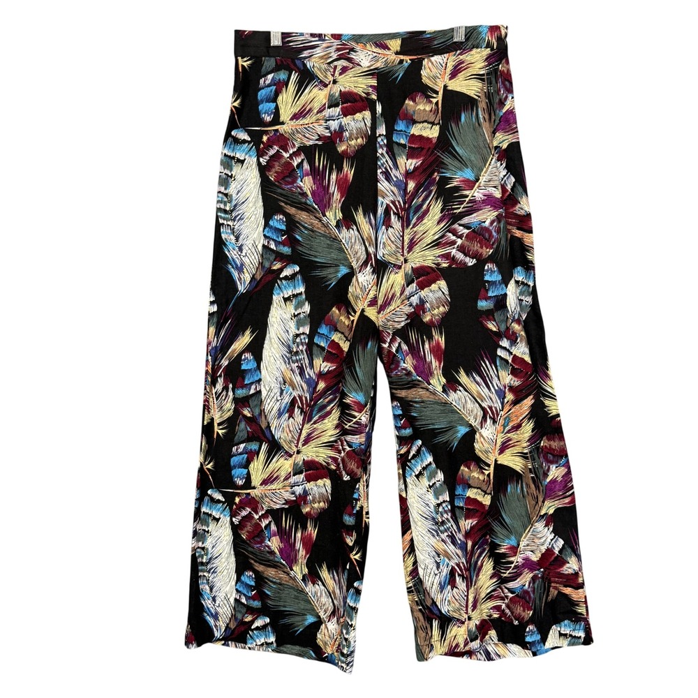 For‎ Cynthia Wide Leg Pants Womens Medium Black Multi Feather Print Linen Blend
